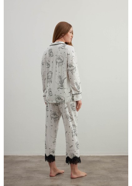 Kadın Plus Size Pamuklu Gömlek Yaka Uzun Pijama Takımı