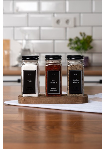 3'lü Ahşap Standlı Cam Baharatlık Seti Kapaklı Etiketli Baharatlık Takımı