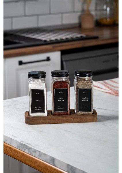 3'lü Ahşap Standlı Cam Baharatlık Seti Kapaklı Etiketli Baharatlık Takımı modelleri
