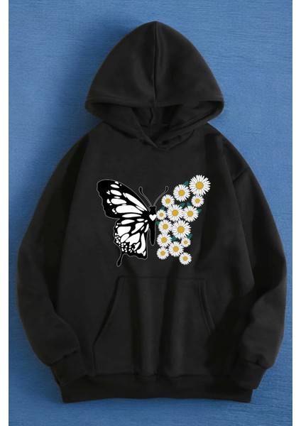 Papatya Kelebek Baskılı Oversize Sweatshirt