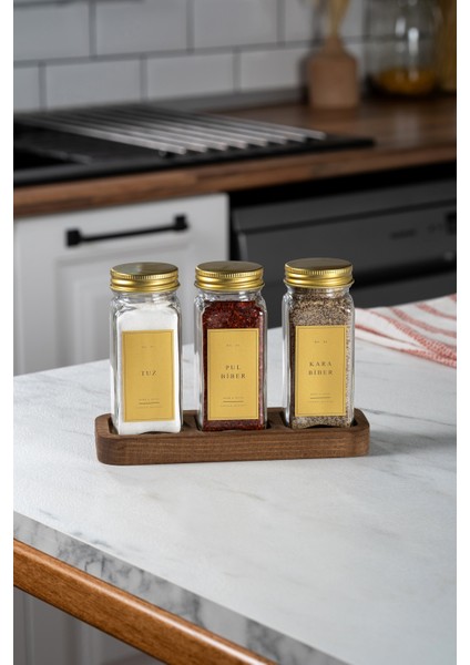 3'lü Ahşap Standlı Cam Baharatlık Seti Gold Kapaklı Etiketli Baharatlık Takımı