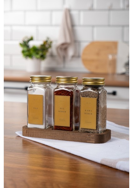 3'lü Ahşap Standlı Cam Baharatlık Seti Gold Kapaklı Etiketli Baharatlık Takımı fiyatları