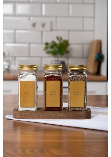 3'lü Ahşap Standlı Cam Baharatlık Seti Gold Kapaklı Etiketli Baharatlık Takımı modelleri