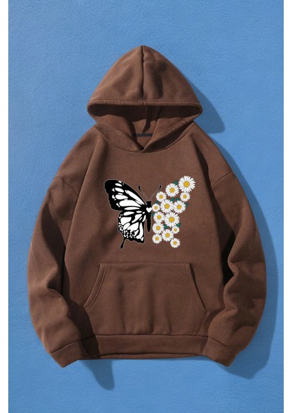 Papatya Kelebek Baskılı Oversize Sweatshirt