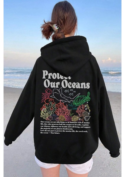 Uygun Tarz Oceans Baskılı Oversize Sweatshirt