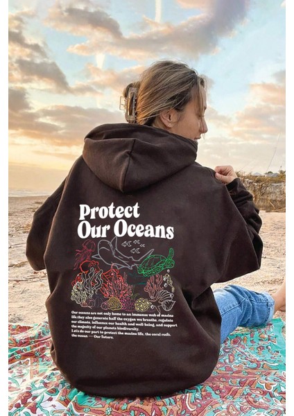 Uygun Tarz Oceans Baskılı Oversize Sweatshirt