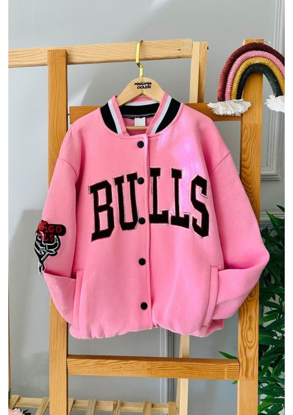 (7-15 Yaş) Bulls Işleme Detaylı Unisex Çocuk kolej ceket - Pembe