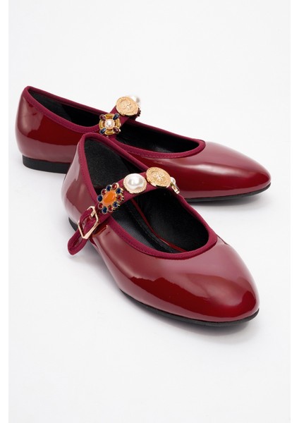 Lauras Bordo Rugan Aksesuarlı Kadın Babet Ayakkabı