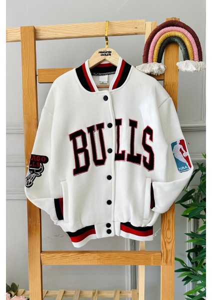 (7-15 Yaş) Bulls Işleme Detaylı Unisex Çocuk kolej ceket - Beyaz