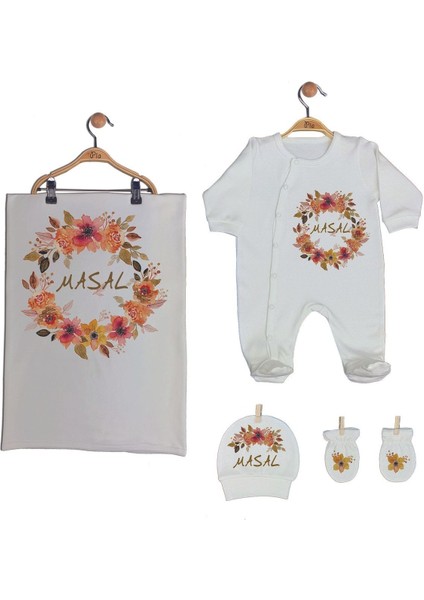 Ekru Renk Organik Baskılı %100 Pamuk Tulum, Şapka, Eldiven, Battaniye Isimli Bebek Seti