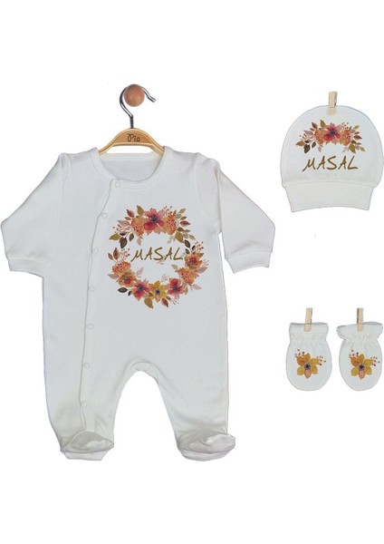 Ekru Renk Organik Baskılı %100 Pamuk Tulum, Şapka, Eldiven, Battaniye Isimli Bebek Seti fiyatları