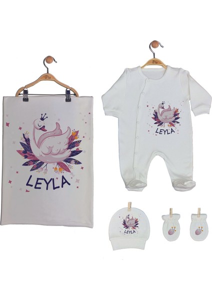 %100 Pamuk Organik Baskılı Isimli Bebek Seti Tulum, Şapka, Eldiven, Battaniye