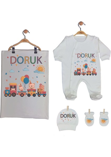 Ekru Renk Isme Özel Organik Baskılı %100 Pamuk Tulum, Şapka, Eldiven, Battaniye Set