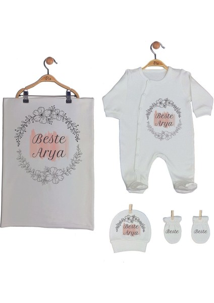 Ekru Renk Isme Özel Organik Baskılı %100 Pamuk Tulum, Şapka, Eldiven, Battaniye Set