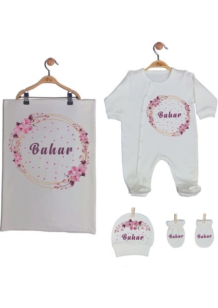 Ekru Renk Isme Özel Organik Baskılı %100 Pamuk Tulum, Şapka, Eldiven, Battaniye Set