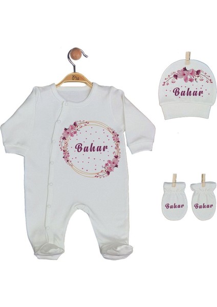 Ekru Renk Isme Özel Organik Baskılı %100 Pamuk Tulum, Şapka, Eldiven, Battaniye Set