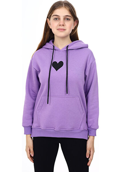 Kız Çocuk Kalp Baskılı Kapüşonlu Sweatshirt PX092.3