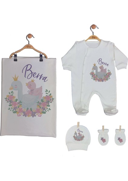 %100 Pamuk Organik Baskılı Isimli Bebek Seti Tulum, Şapka, Eldiven, Battaniye