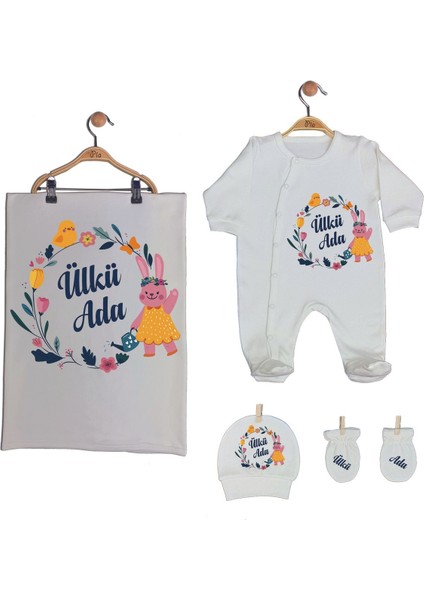 %100 Pamuk Organik Baskılı Isimli Bebek Seti Tulum, Şapka, Eldiven, Battaniye