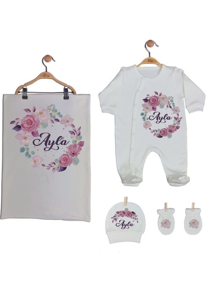 Ekru Renk Isme Özel Organik Baskılı %100 Pamuk Tulum, Şapka, Eldiven, Battaniye Set
