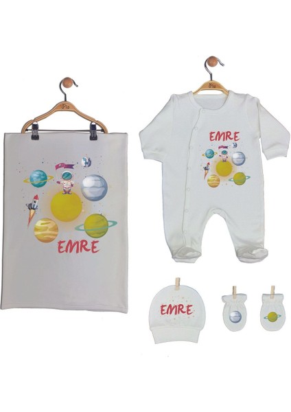 Ekru Renk Isme Özel Organik Baskılı %100 Pamuk Tulum, Şapka, Eldiven, Battaniye Set