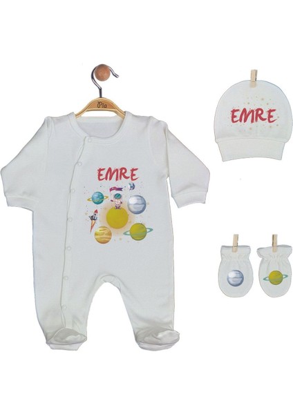 Ekru Renk Isme Özel Organik Baskılı %100 Pamuk Tulum, Şapka, Eldiven, Battaniye Set