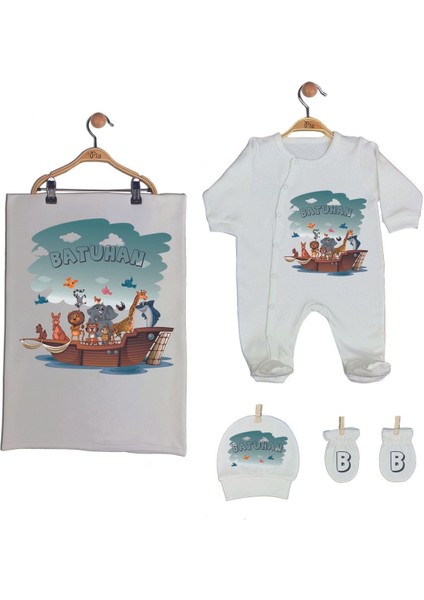 %100 Pamuk Organik Baskılı Isimli Bebek Seti Tulum, Şapka, Eldiven, Battaniye