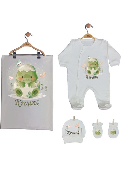 Ekru Renk Isme Özel Organik Baskılı %100 Pamuk Tulum, Şapka, Eldiven, Battaniye Set