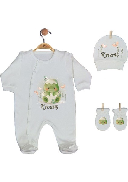 Ekru Renk Isme Özel Organik Baskılı %100 Pamuk Tulum, Şapka, Eldiven, Battaniye Set fiyatları