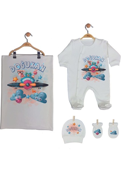 Ekru Renk Isme Özel Organik Baskılı %100 Pamuk Tulum, Şapka, Eldiven, Battaniye Set