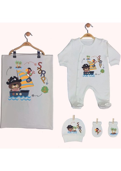 Ekru Renk Organik Baskılı %100 Pamuk Tulum, Şapka, Eldiven, Battaniye Isimli Bebek Seti