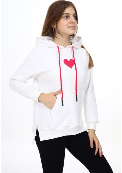 Kız Çocuk Kalp Baskılı Kapüşonlu Sweatshirt PX092