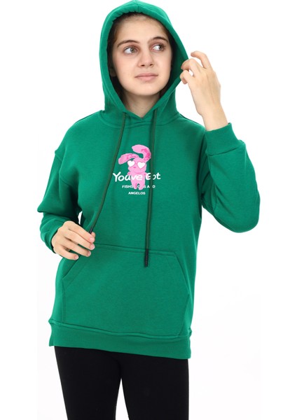 Kız Çocuk Tavşan Baskılı Kapüşonlu Sweatshirt PX872.7