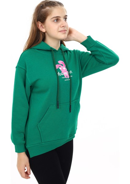 Kız Çocuk Tavşan Baskılı Kapüşonlu Sweatshirt PX872.7