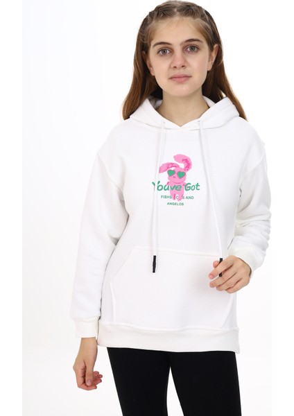 Kız Çocuk Tavşan Baskılı Kapüşonlu Sweatshirt PX872