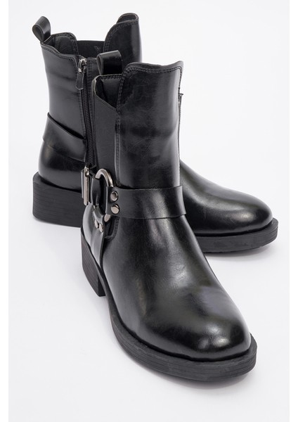 Stone Siyah Cilt Tokalı Lastikli Fermuarlı Kadın Bot