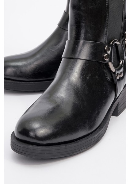 Stone Siyah Cilt Tokalı Lastikli Fermuarlı Kadın Bot modelleri