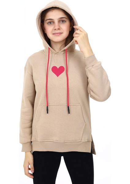 Kız Çocuk Kalp Baskılı Kapüşonlu Sweatshirt PX092.2