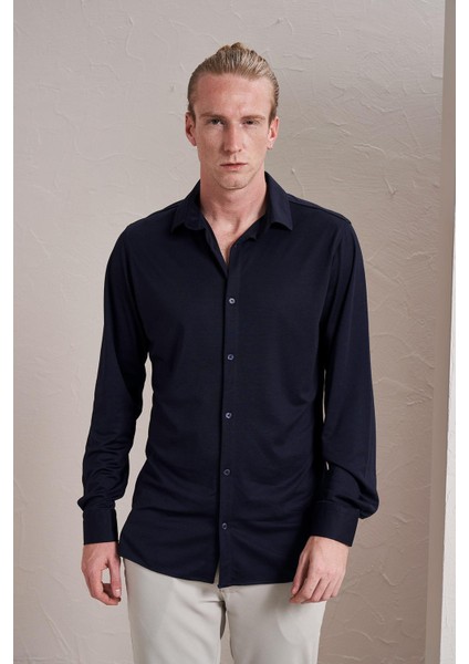 Erkek Lacivert Uzun Kollu Merserize Kagi Slim Fit Gömlek