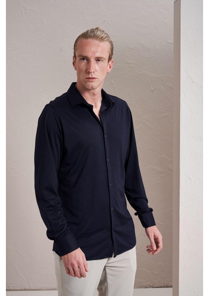 Erkek Lacivert Uzun Kollu Merserize Kagi Slim Fit Gömlek