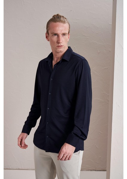Erkek Lacivert Uzun Kollu Merserize Kagi Slim Fit Gömlek