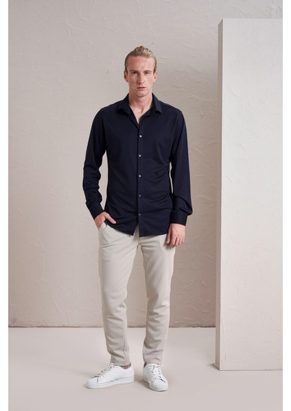 Erkek Lacivert Uzun Kollu Merserize Kagi Slim Fit Gömlek