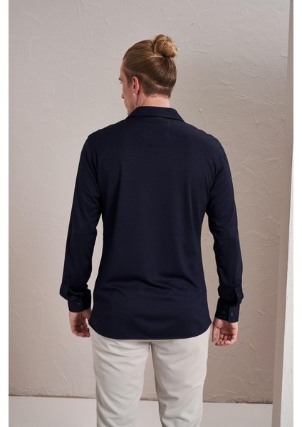 Erkek Lacivert Uzun Kollu Merserize Kagi Slim Fit Gömlek