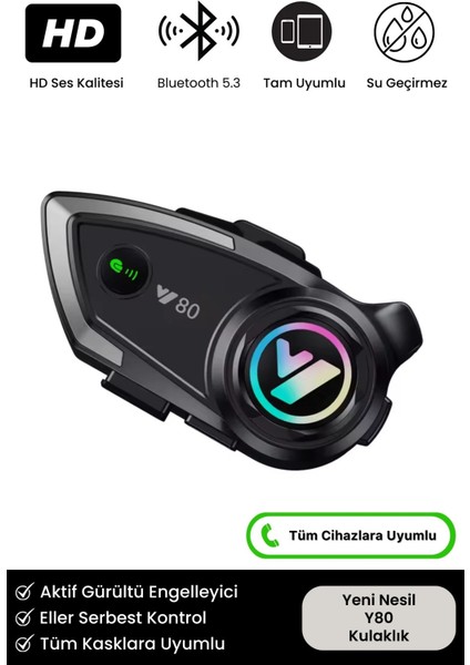 Y80 Yeni Nesil Motosiklet Kask Interkom Mikrofonlu Gürültü Engelleyici Işıklı 5.3 Bluetooth Kulaklı