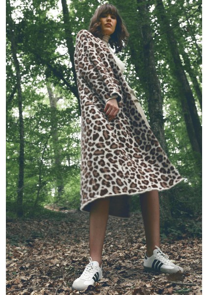 Kadın Taş Leopar Desenli Uzun Hırka