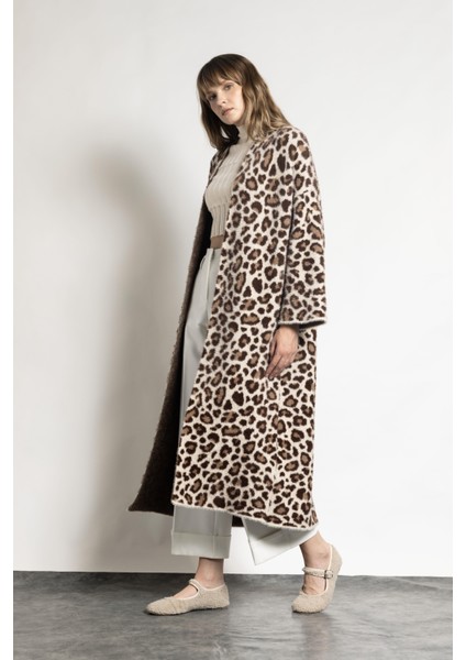 Kadın Taş Leopar Desenli Uzun Hırka modelleri
