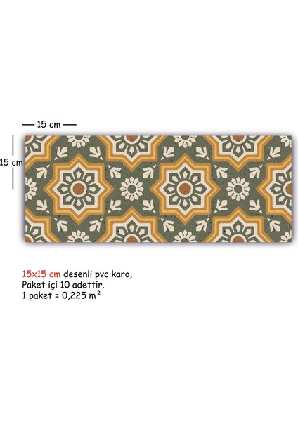 Kendinden Yapışkanlı Yeşil Yıldız Metraj Desenli Pvc Karo 15 x 15 cm 10'lu Paket
