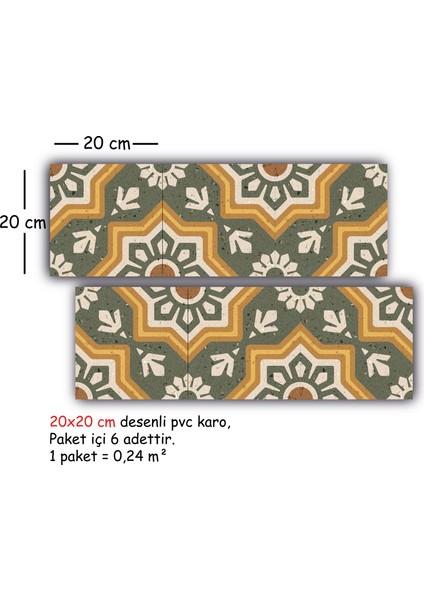 Kendinden Yapışkanlı Yeşil Yıldız Metraj Desenli Pvc Karo 20 x 20 cm 6'lı Paket