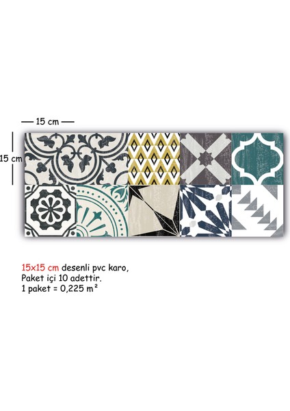 Kendinden Yapışkanlı Retro Yeşil Desenli Pvc Karo 15 x 15 cm 10'lu Paket