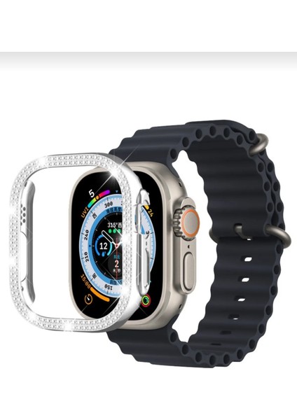 Cool Cold Apple Watch 49 mm Uyumlu Ultra / Ultra 2 Zarif Elmas Taşlı Önü Açık Koruma Kılıf